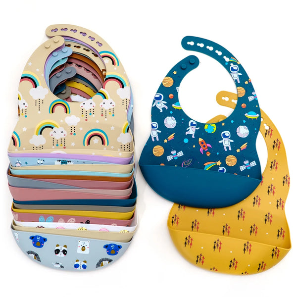Cartoon Printed Waterproof Silicone Baby Bib - Adjustable Feeding Cloth